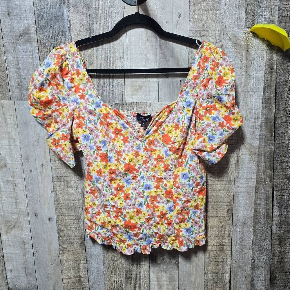 Milk & Honey Floral Ruffle Puff Sleeve Blouse Preppy Boho Colorful Bright